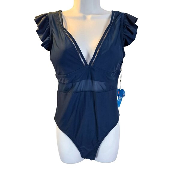Womens Ruffled Sleeve Teal Blue One-Piece Swimsuit Mesh Paneling Size 16-18 - Picture 1 of 9